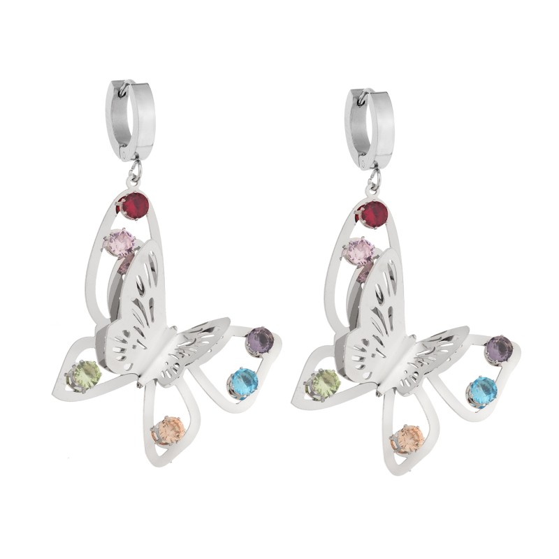 Σκουλαρίκια Γυναικεία SENZA κρίκοι από Ατσάλι, διπλή πεταλούδα με πολύχρωμες πέτρες