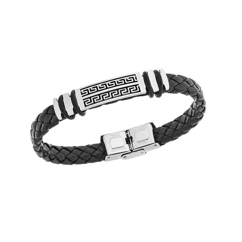 Βραχιόλι Senza Men's Steel, Ατσάλι με μαίανδρο και μαύρη δερματίνη