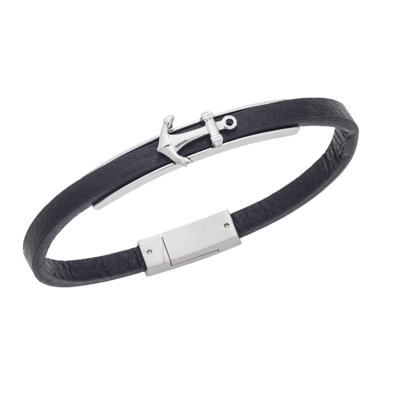 Βραχιόλι Senza Men's Steel, Black Leather Strap With Silver Anchor