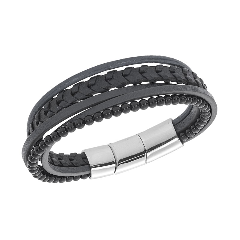 Βραχιόλι Senza Men's Steel Black Leather Strap