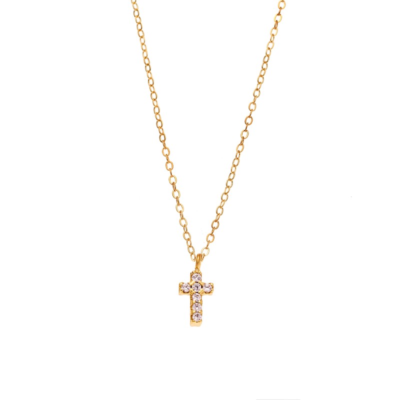 Κολιέ Senza επιχρυσωμένο ασήμι 925, σταυρουδάκι διπλής όψης με ροζ και λευκά ζιργκόν