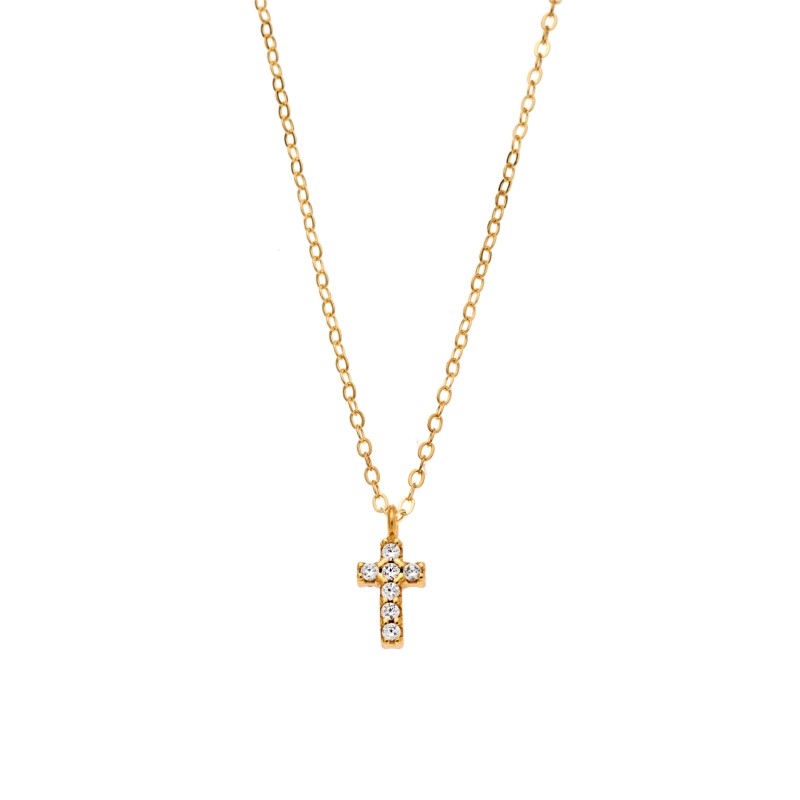 Κολιέ Senza επιχρυσωμένο ασήμι 925, σταυρουδάκι διπλής όψης με ροζ και λευκά ζιργκόν