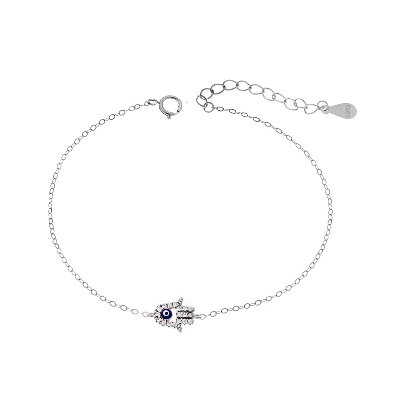 Βραχιόλι Senza Silver 925, ματάκι μπλε και χέρι της τύχης με ζιργκόν
