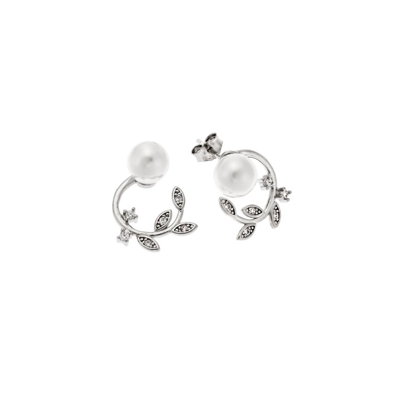 Σκουλαρίκια Senza ασήμι 925, κλαδάκι με λευκά ζιργκόν και πέρλα