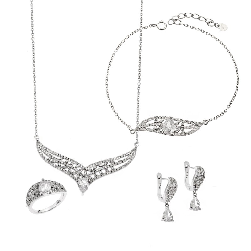 Σετ Γυναικείο Senza από ασήμι 925, Κολιέ, βραχιόλι, δαχτυλίδι και σκουλαρίκια με ζιργκόν