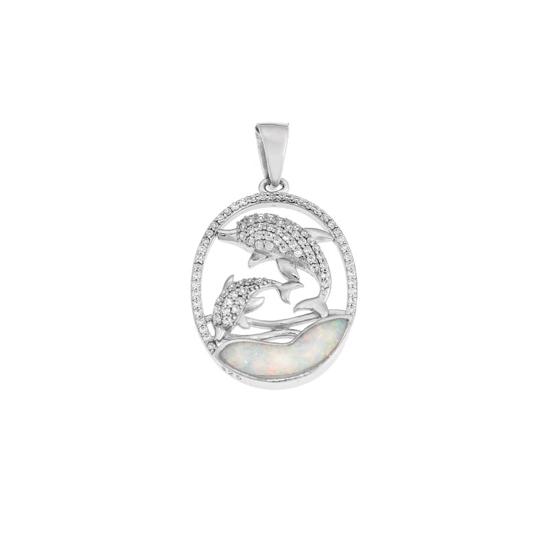 Μοτίφ Senza από ασήμι 925, Δελφίνια με ζιργκόν και κύμα με Opal