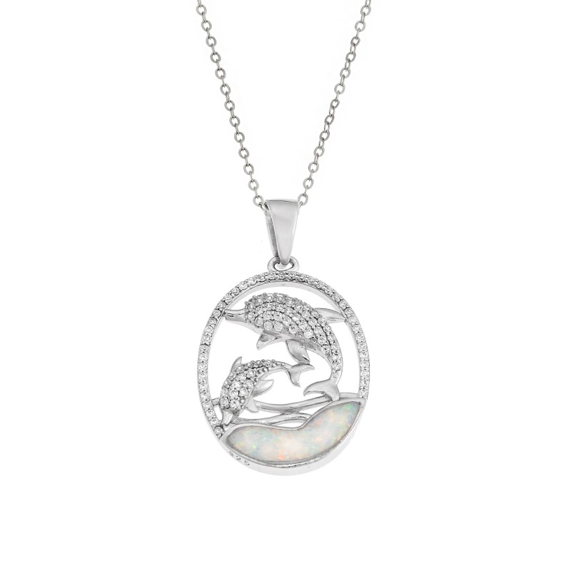 Μοτίφ Senza από ασήμι 925, Δελφίνια με ζιργκόν και κύμα με Opal