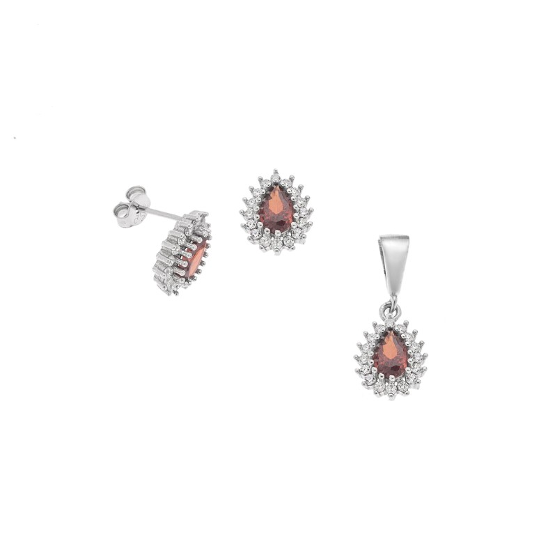 Σετ Μενταγιόν Σκουλαρίκια Γυναικείο SΕΝΖΑ Silver 925 Δάκρυ Κόκκινο