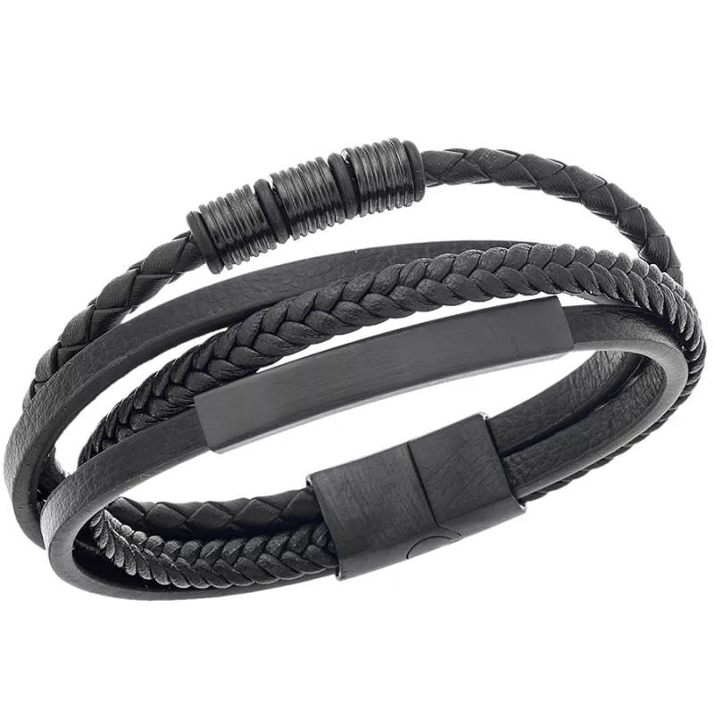 Βραχιόλι Senza Men's Steel Black Leather Strap