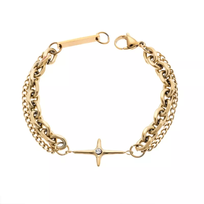 Βραχιόλι Senza Steel Gold Plated, Διπλό αλυσιδωτό με σταυρό