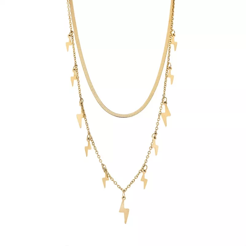 Κολιέ Senza Stainless Steel Gold Plated, Διπλή αλυσίδα με κρεμαστούς κεραυνούς