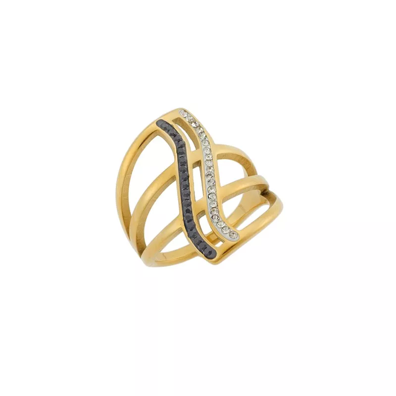 Δαχτυλίδι Senza Gold Plated Steel, φαρδύ με ασπρόμαυρες πέτρες