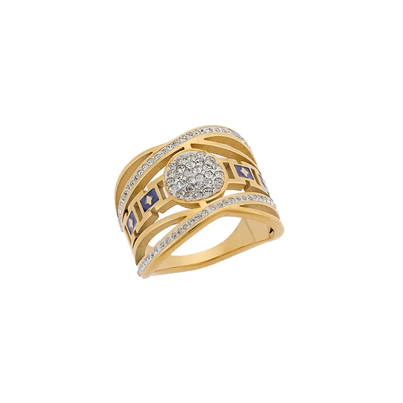 Δαχτυλίδι Senza Gold Plated Steel, Χιαστί φαρδύ με λευκές πέτρες και μπλε σχέδια