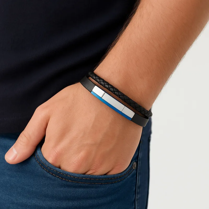 Βραχιόλι διπλό Senza Men's Steel, Βlack Leather Strap, με ασημί & μπλε ταυτότητα