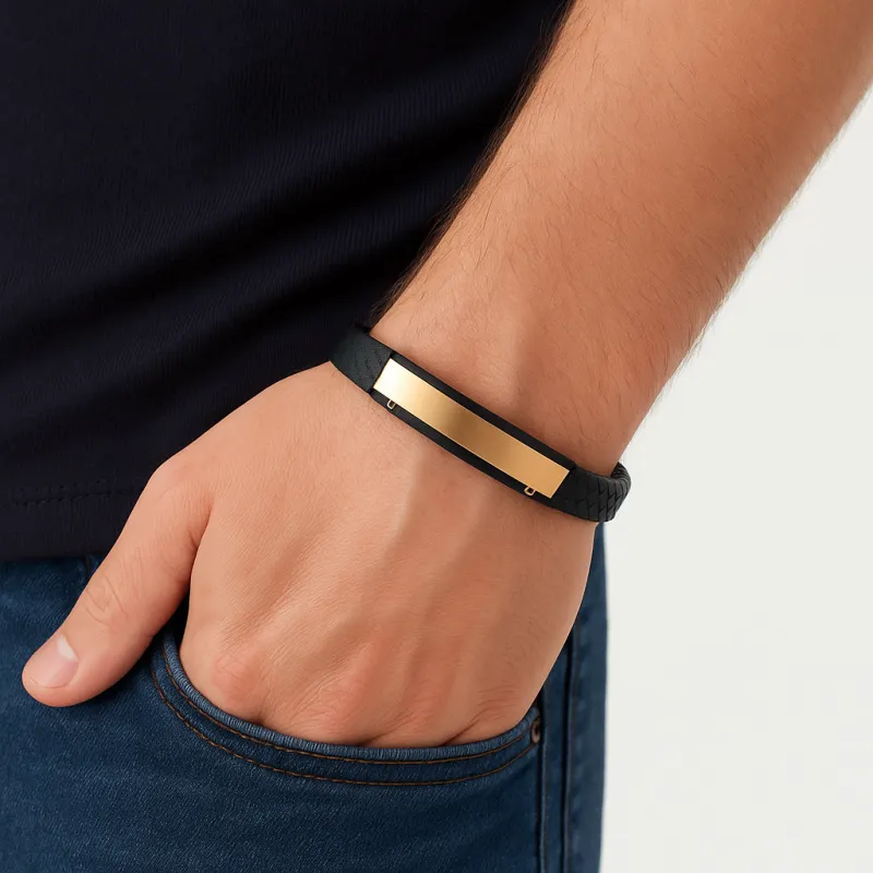 Βραχιόλι Senza Men's Steel, Βlack Leather Strap, με χρυσή ταυτότητα