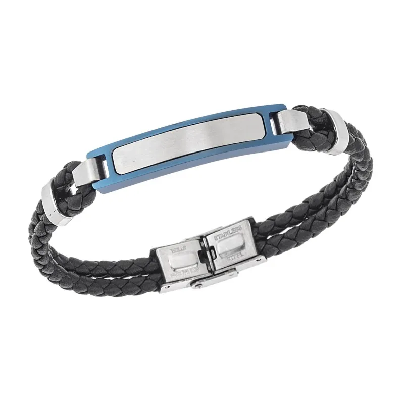 Βραχιόλι διπλό Senza Men's Steel, Black Leather Strap, με δίχρωμη ταυτότητα