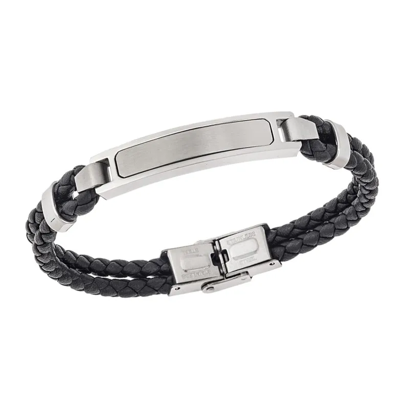 Βραχιόλι διπλό Senza Men's Steel, Black Leather Strap, με ασημί ταυτότητα
