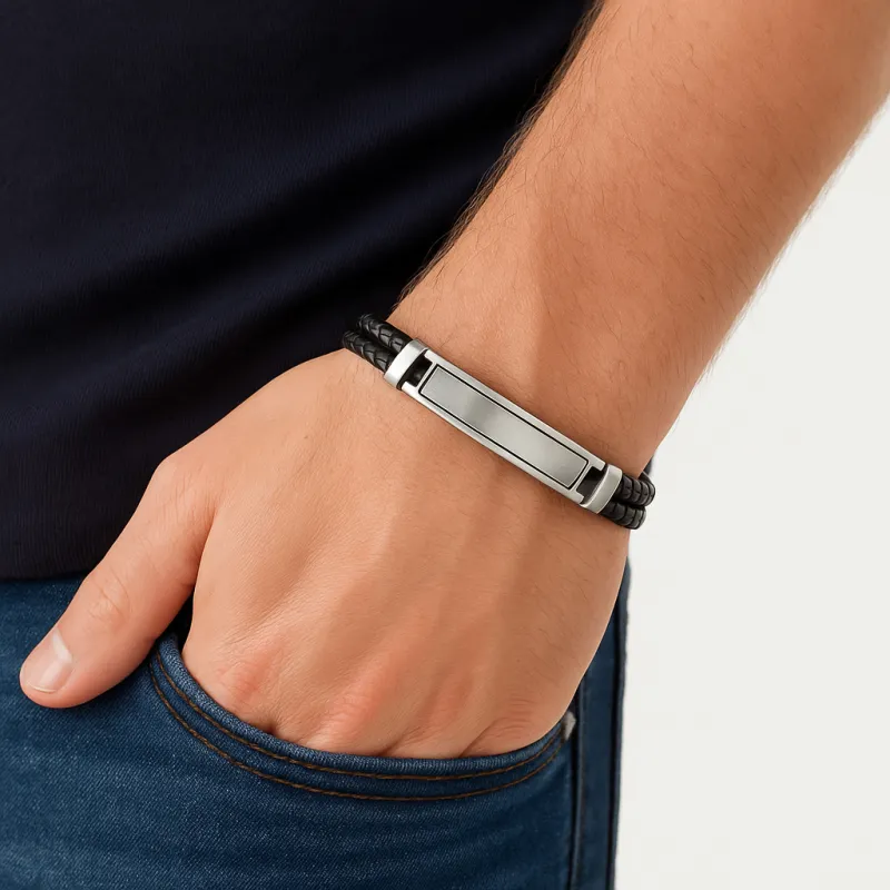 Βραχιόλι διπλό Senza Men's Steel, Black Leather Strap, με ασημί ταυτότητα