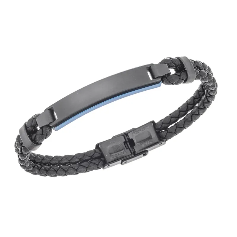 Βραχιόλι διπλό Senza Men's Steel, Black Leather Strap, με δίχρωμη ταυτότητα