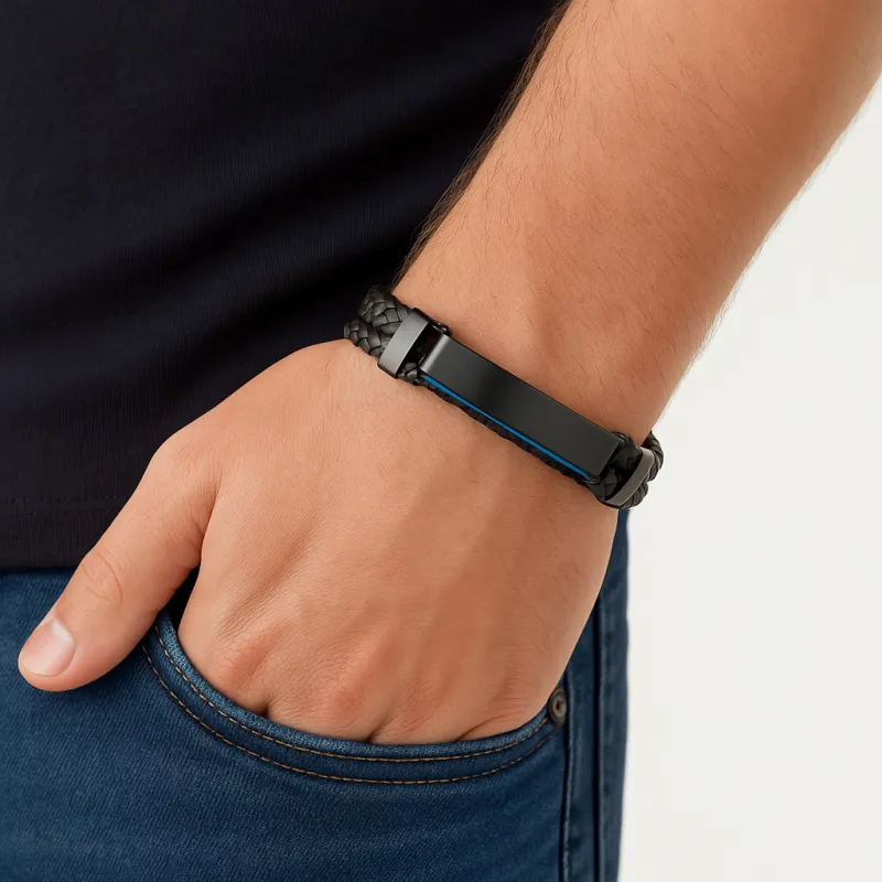 Βραχιόλι διπλό Senza Men's Steel, Black Leather Strap, με δίχρωμη ταυτότητα