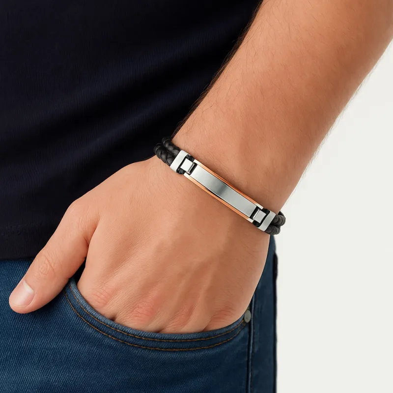 Βραχιόλι διπλό Senza Men's Steel, Black Leather Strap, με δίχρωμη ταυτότητα