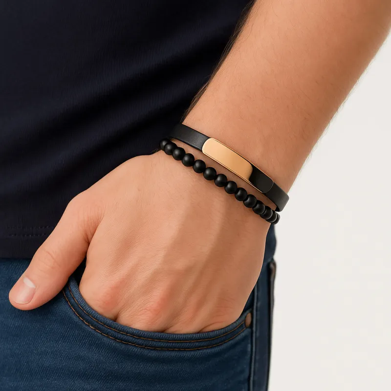 Βραχιόλι διπλό Senza Men's Gold Plated Steel, Black Leather Strap, με χρυσή ταυτότητα