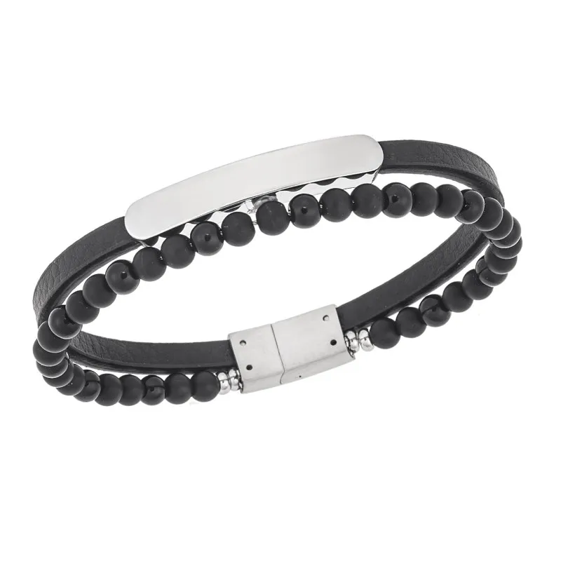 Βραχιόλι διπλό Senza Men's Steel, Black Leather Strap, με ασημί ταυτότητα