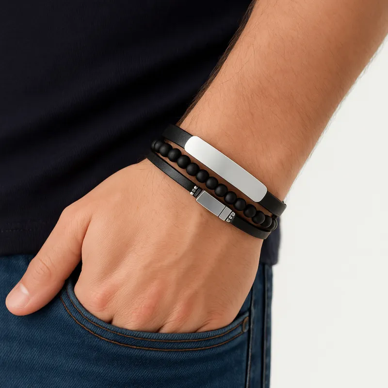 Βραχιόλι διπλό Senza Men's Steel, Black Leather Strap, με ασημί ταυτότητα