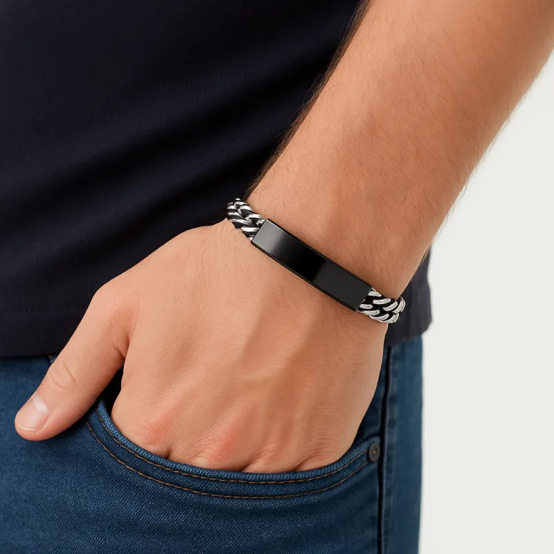 Βραχιόλι Senza Men's Steel, με μαύρη ταυτότητα