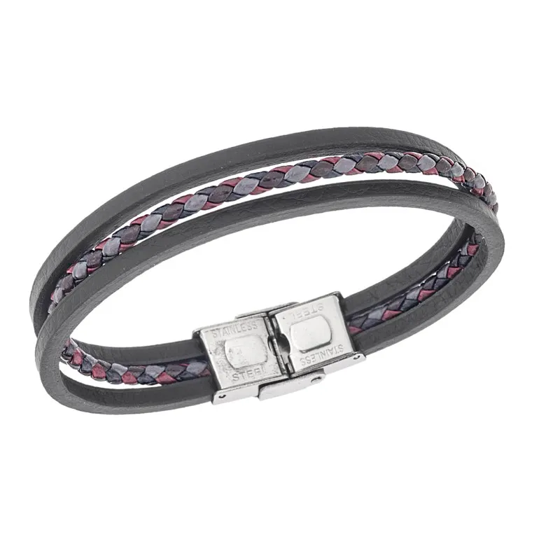 Βραχιόλι τριπλό Senza Men's Steel, Black & Red Leather Strap