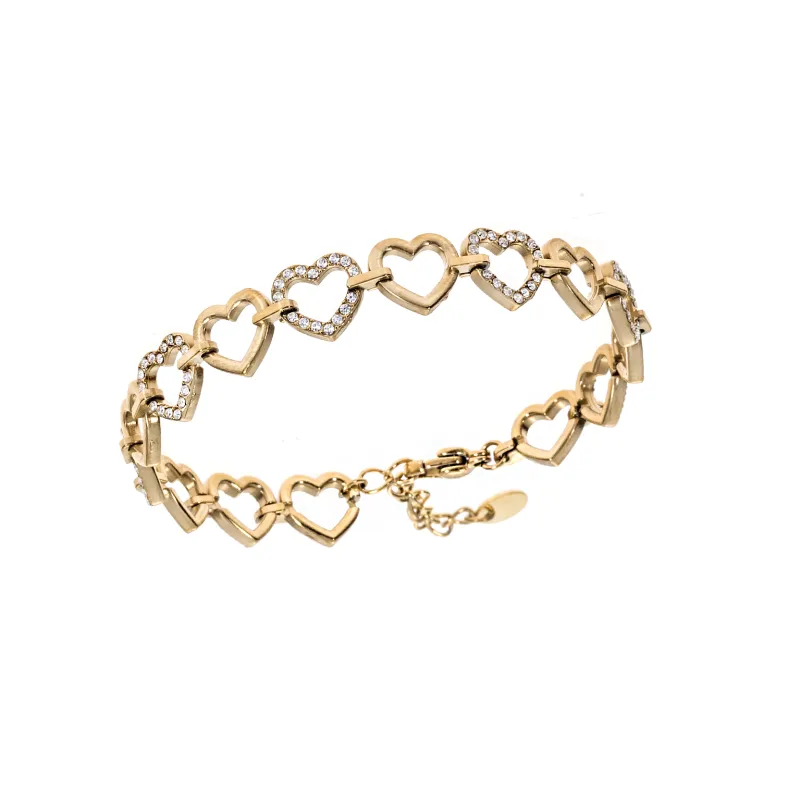 Βραχιόλι Γυναικείο SENZA Stainless Steel Gold Plated, καρδούλες με πέτρες