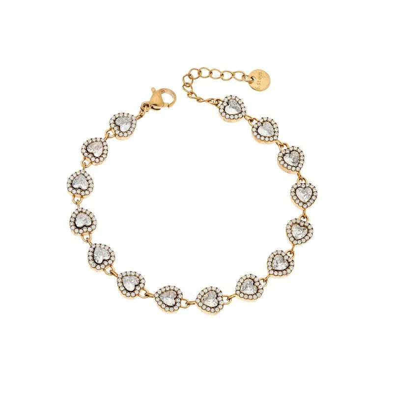 Βραχιόλι Γυναικείο SENZA Stainless Steel Gold Plated, καρδούλες με πέτρες