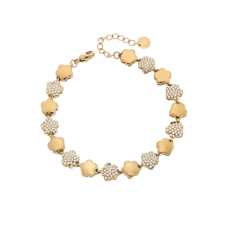 Βραχιόλι Γυναικείο SENZA Stainless Steel Gold Plated , ριβιέρα με λουλουδάκια και πέτρες