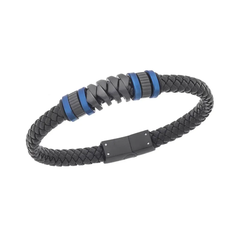 SENZA Men's Stainless Steel Leather Bracelet