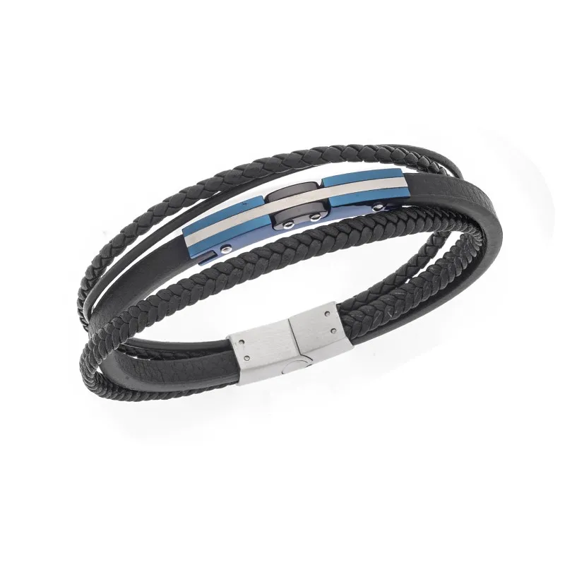 SENZA Men's Stainless Steel Leather Bracelet