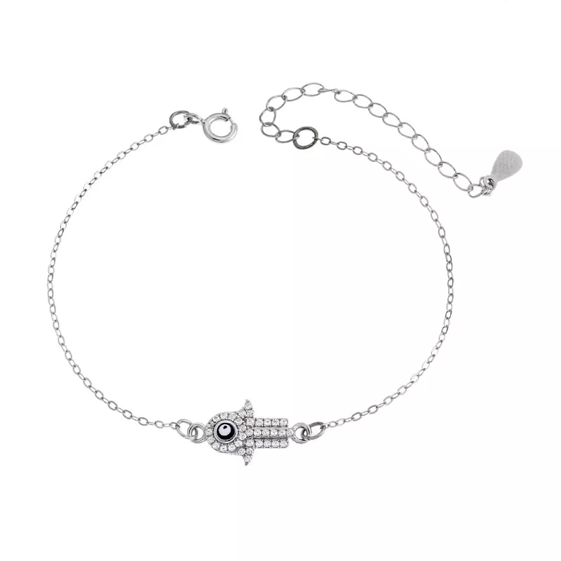 Βραχιόλι Senza Silver 925, επιπλατινωμένο Hamsa με ζιργκόν πέτρες