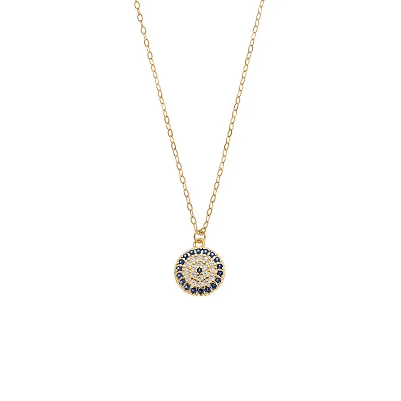 Κολιέ Senza Silver 925 Gold Plated, Στρογγυλό μπλε ματάκι στόχος με ζιργκόν