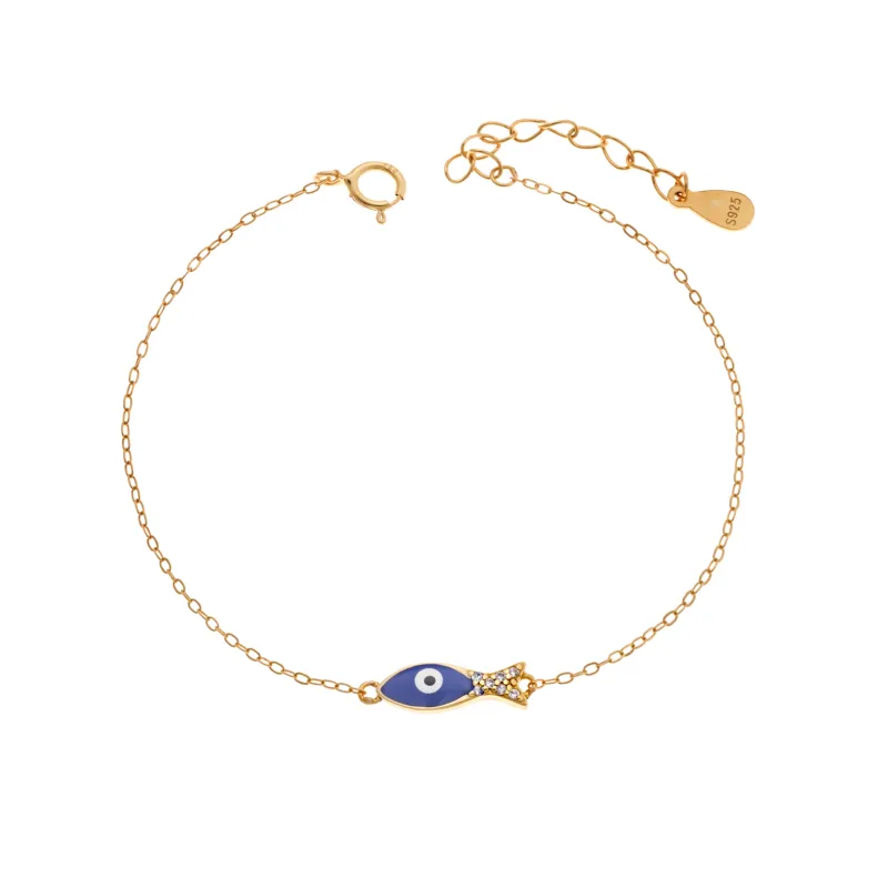 Βραχιόλι Senza Silver 925 Gold Plated, Ψαράκι με μπλε σμάλτο και ζιργκόν