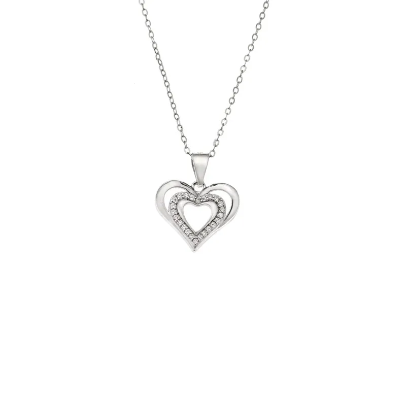 Κολιέ SENZA Rhodium Plated Ασήμι 925 Καρδιά Διπλή με Ζιργκόν