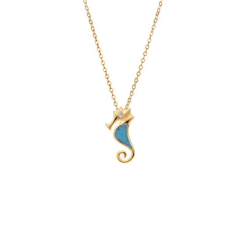 Κολιέ SENZA Gold Plated Ασήμι 925 Ιππόκαμπος με Όπαλ
