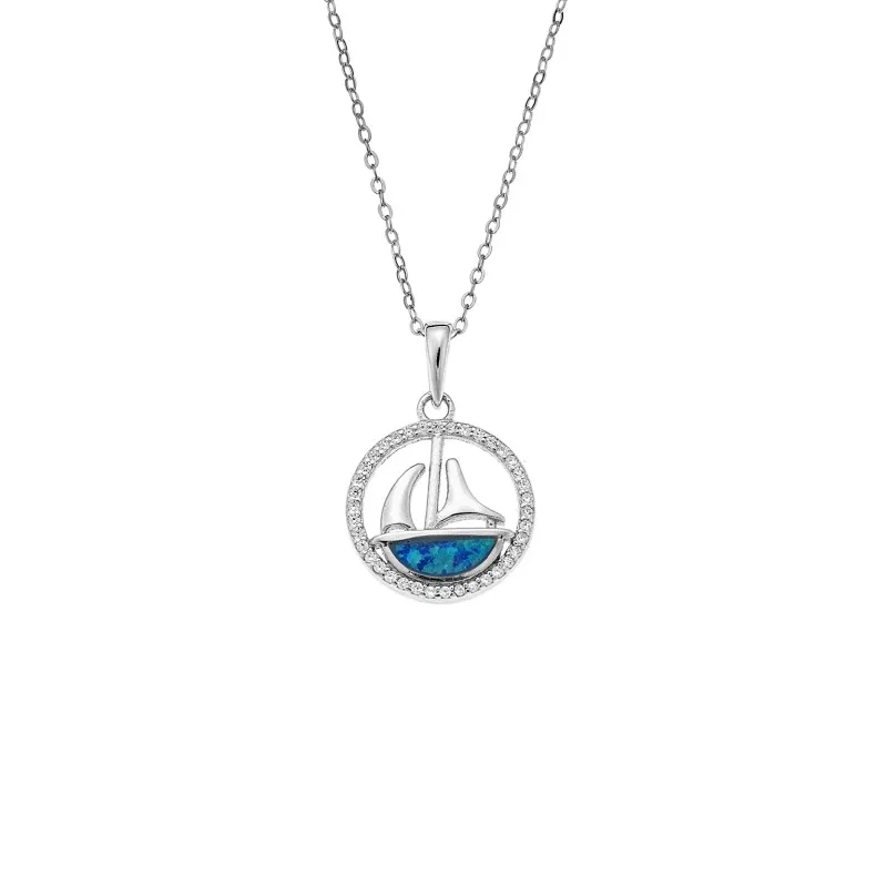 Κολιέ SENZA Rhodium Plated Ασήμι 925 Καράβι σε Κύκλο με Όπαλ