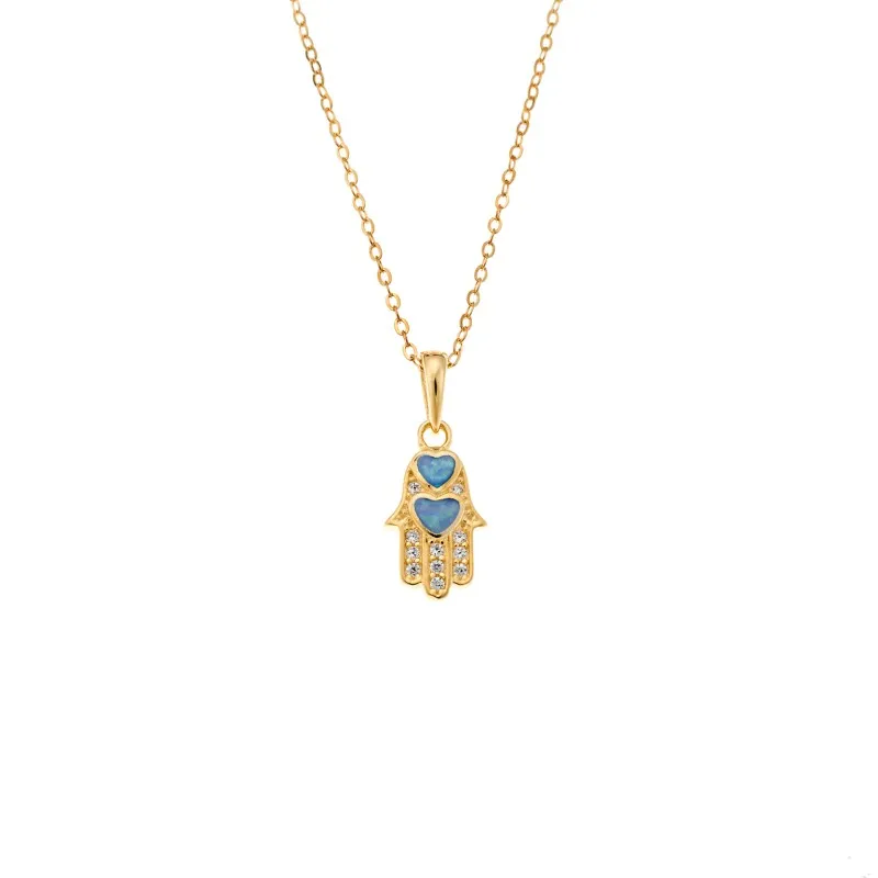 Κολιέ SENZA Gold Plated Ασήμι 925 Hamsha με Ζιργκόν & Όπαλ