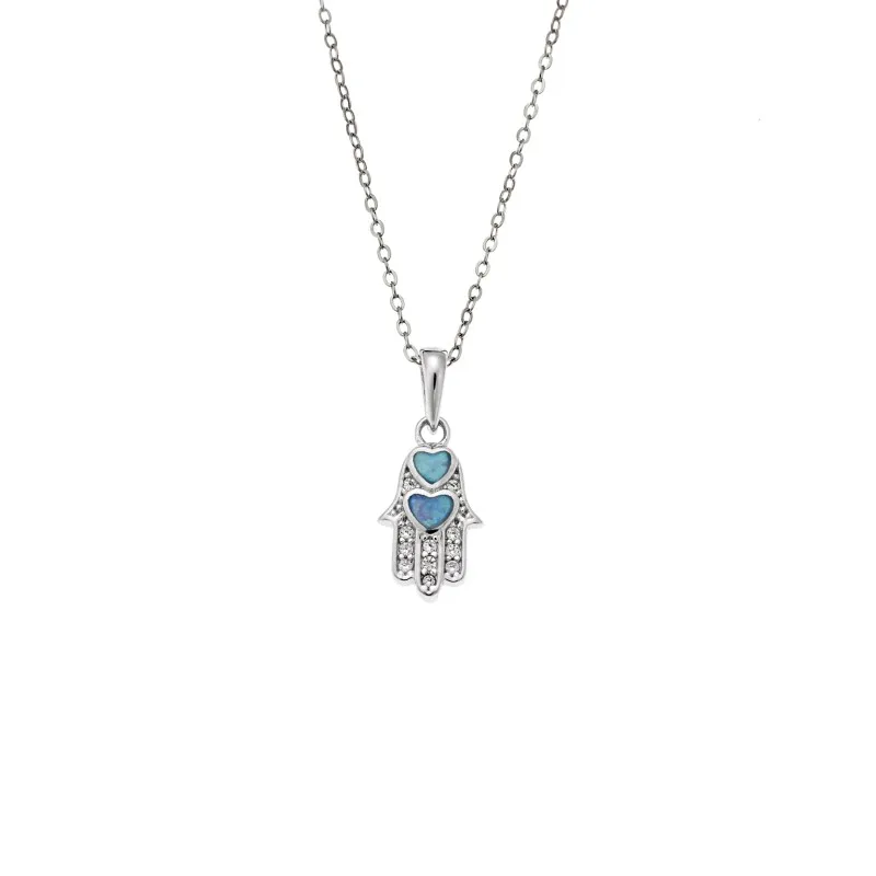 Κολιέ SENZA Rhodium Plated Ασήμι 925 Hamsha με Ζιργκόν & Όπαλ