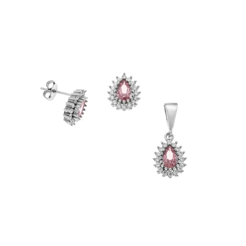 Σετ Μενταγιόν Σκουλαρίκια Γυναικείο SΕΝΖΑ Silver 925 Δάκρυ Ροζ